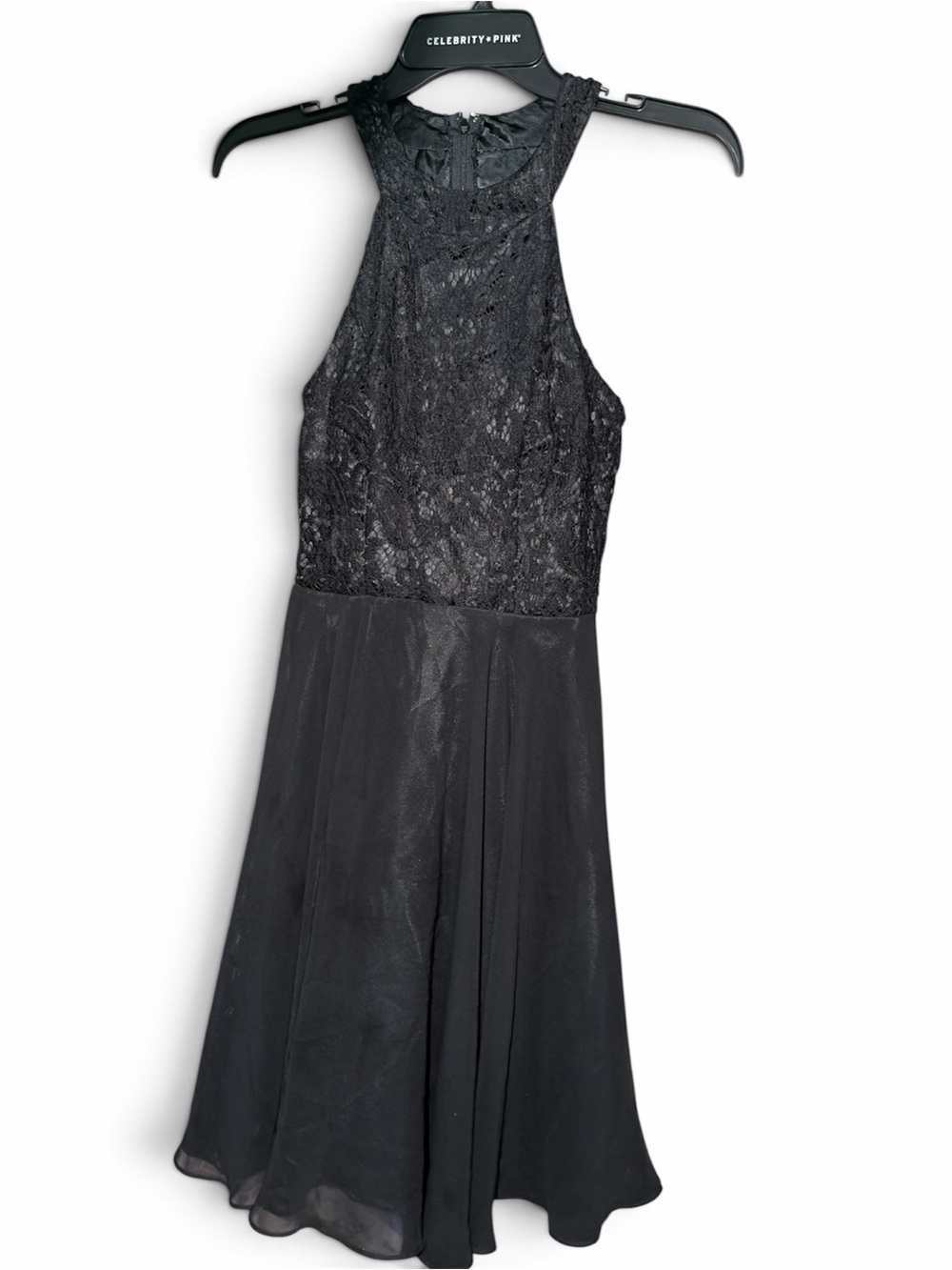 Celebrity Pink Black Lace Halter Prom Dress